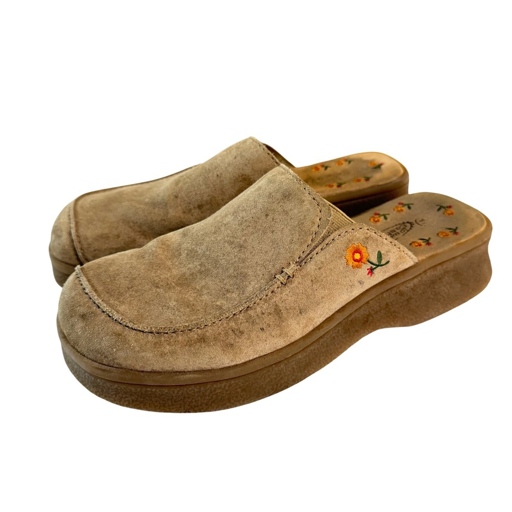 Y2K Lower East Side Floral Embroidered Platform Mules Size 9.5 Chunky Clogs Tan
